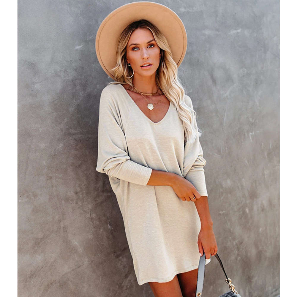 

Autumn and winter 2020 new women's Pullover short skirt solid long sleeve V-neck dress, Black;gray