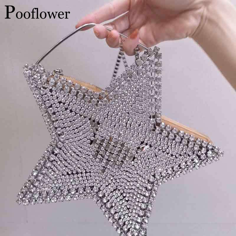 

Evening Bags Pooflower Diamond Star Heart Chains Mini Shoulder Women Crystal Wedding Party Purse Clutch Chic Wallet ZH256