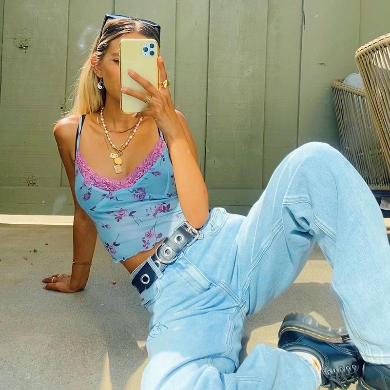 

Sexy Women Camis Transparent Net Yarn Lace Floral Print Sleeveless Sling Crop Tops 2021 Summer Fashion Streetwear Tank, White