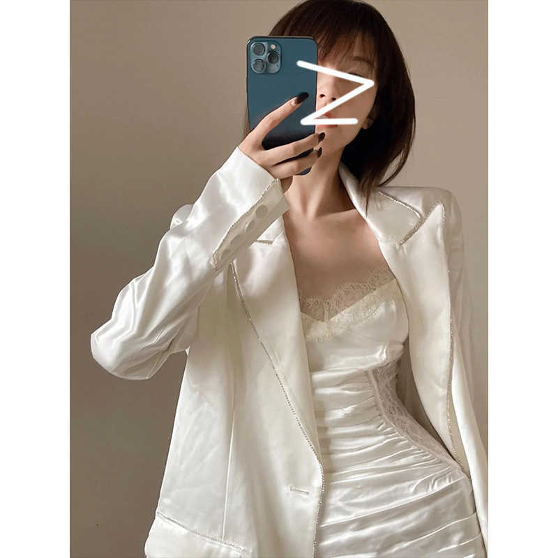 Dign Sense Satin 21 Spring and Summer Pleated Lace Slim Suspender Skirt Two Piece Suit Coat with Diamond-image-702228195