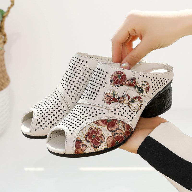 

Genuine Leather Slides Women Summer Casual Shoes Flower Slippers Thick Heel 2021 Lady High Heel Slippers Hallow Slides for Women, Beige