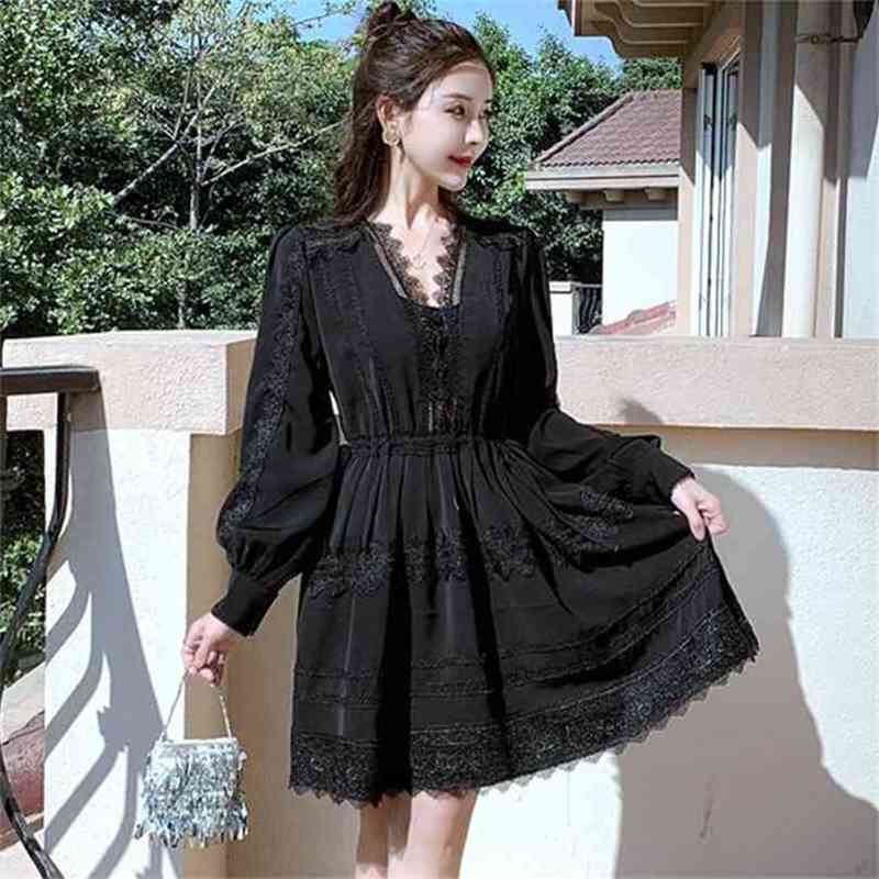 

Speing Black Lace Woman Dress Lantern Sleeve V-neck chic fashion elegant Christmas party dress female runway design bodycon 210603, Red