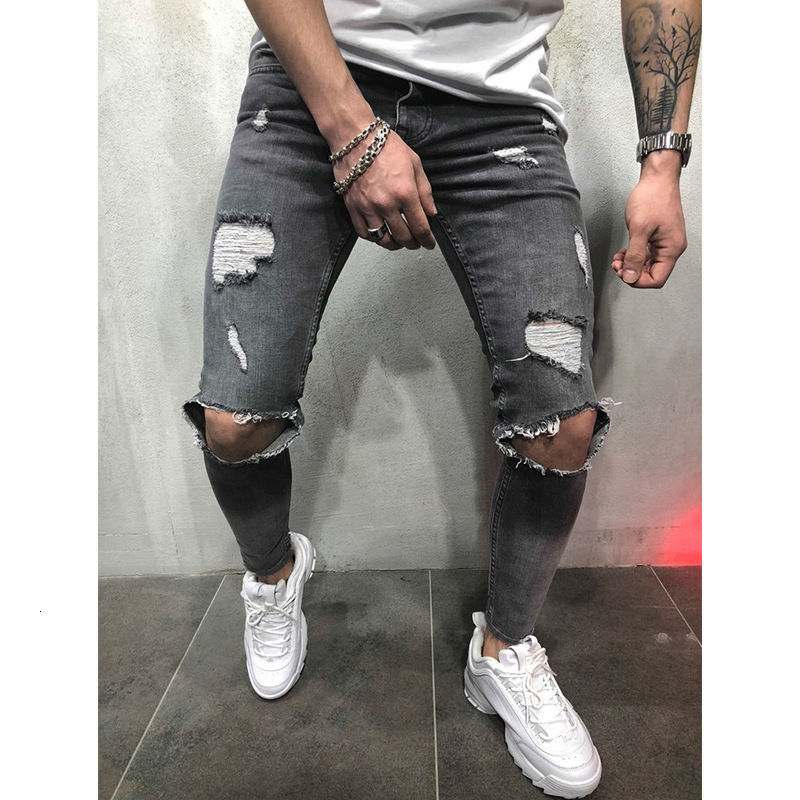 

2021 New Slim Fit Ripped Men Hi-street Mens Distressed Denim Joggers Knee Holes Washed Destroyed Jean Trousers Hty3, Black