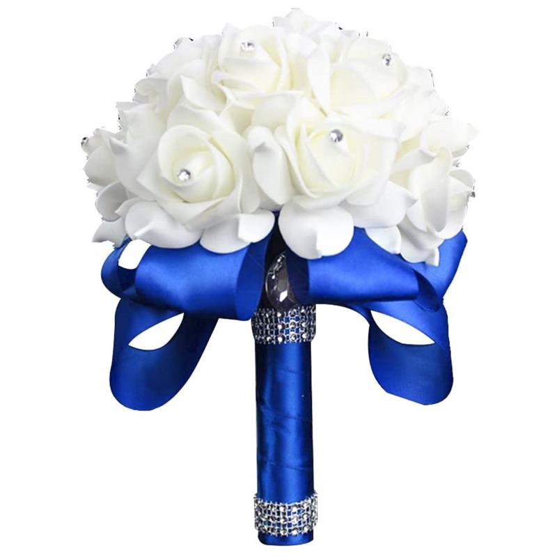 

Artificial Rose Flower Bouquet Holding Flowers Bridal Bride Wedding Party Bouquet Bridesmaid Gift Beautiful Home Table Decor, Blue