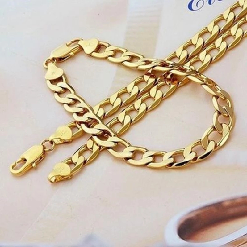 Womens Mens 18k Yellow Gold Filled Necklace Bracelet Fashion Jewelry Set Cool Type-image-664528216