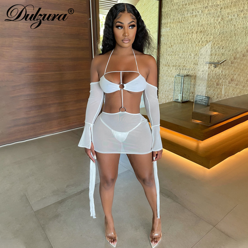 

solid color long sleeveless women one shoulder crop tank short skirts bandage tie circle mini bodycon party dress, Black;gray