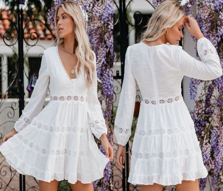 

2021European and American trade fashion lace splicing high waist V neck long sleeve dress, White