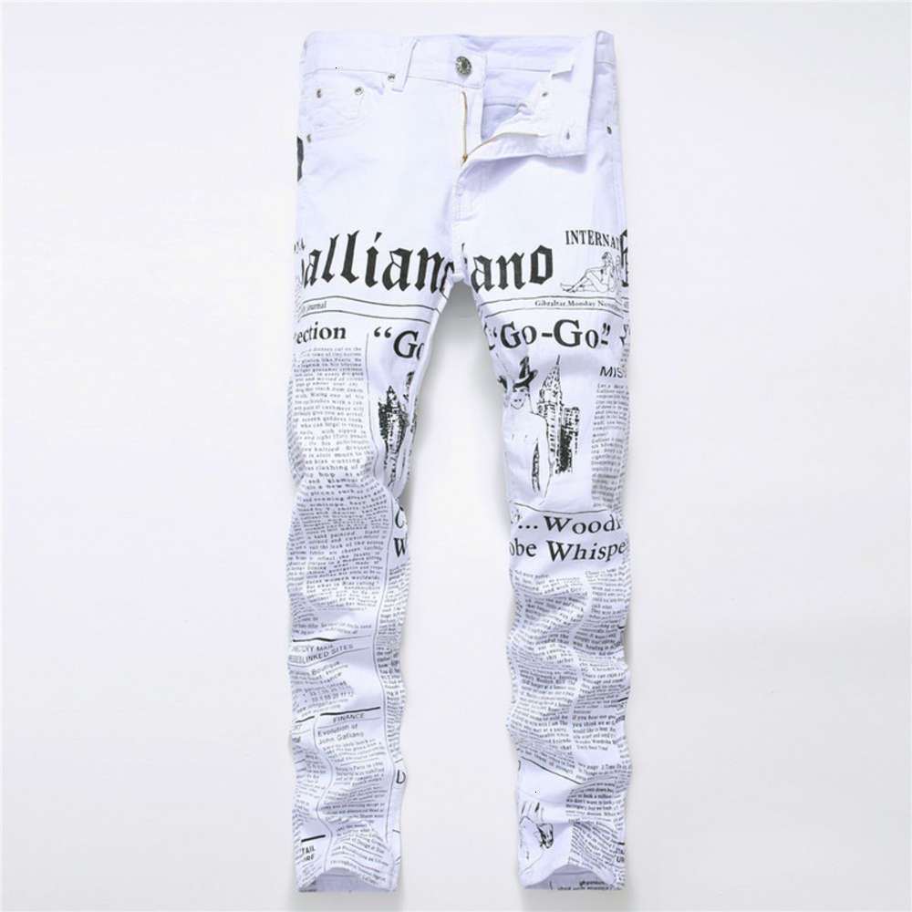 

New men's jeans newspaper letter print casual slim pants 582, Blue