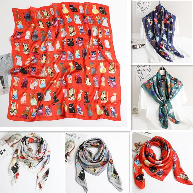 

Scarves 90*90cm Cartoon Cat Scarf For Women Imitation Silk Travel Sunscreen Shawl Cute Animal Scarfs Headscarf, Blue;gray