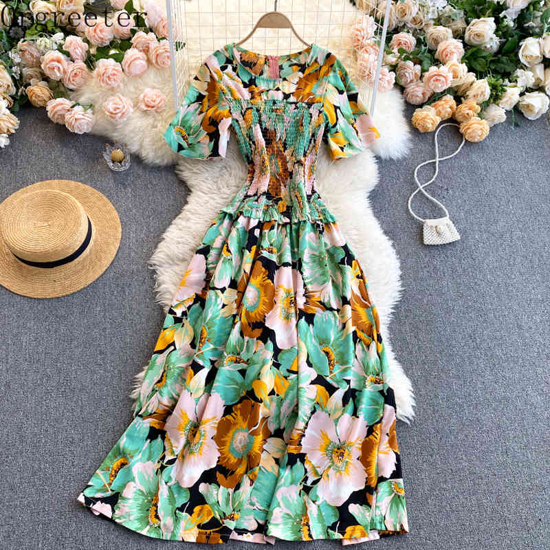 

Chic Design Elastic Bust and Waist Flower Printted Long Dress Women Summer Short Sleeve Loose A-line 210525, Purple