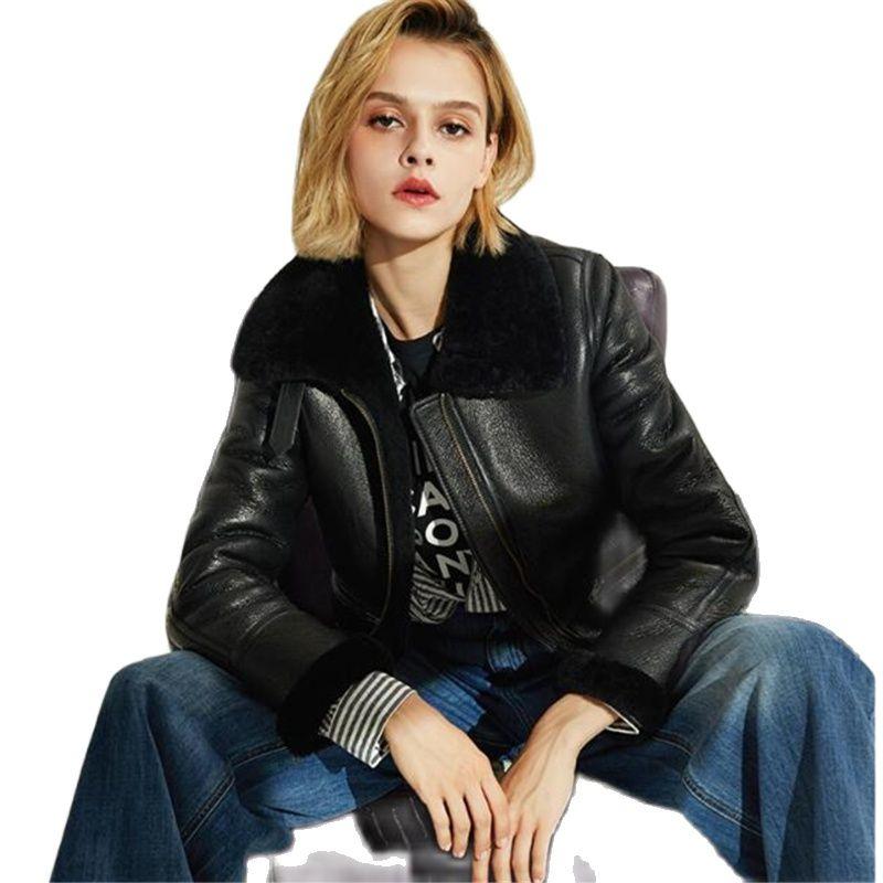 

Women's Leather & Faux Winter Genuine Jacket Women High Quality Shearling Coat Sheepskin Flight Outerwear Lady's Short Real Fur Overoat, Black