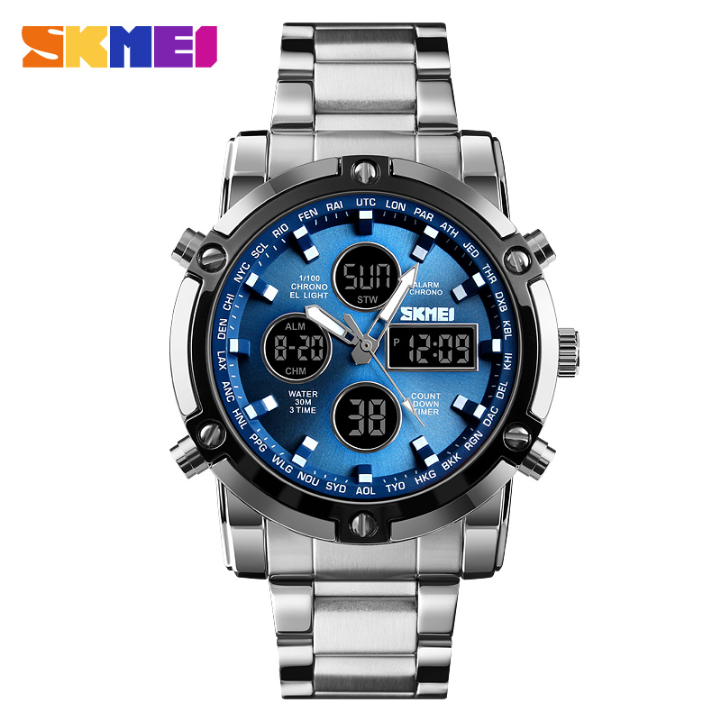 

SKMEI Clock Relogio Masculino Mens Watches Top Luxury Brand Sport Watch Countdown Stainless Steel Strap Quartz Wristwatches Men, Silver/back