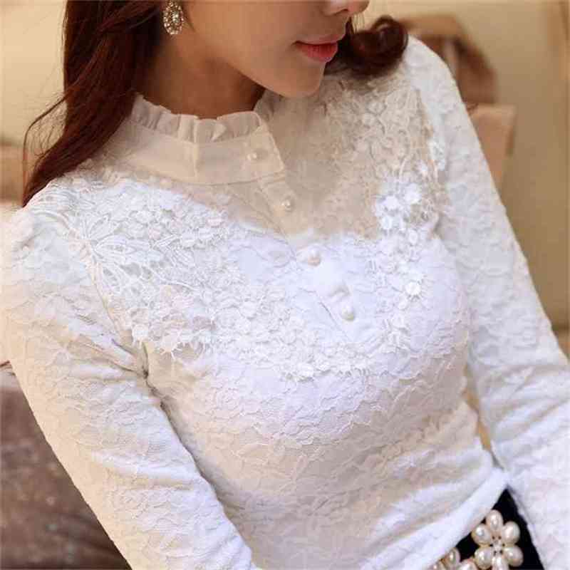 

Women Lace Embroidery Blouse Feminine Black Primer Long Sleeves Shirt Plus Size 3XL Tops 210719
