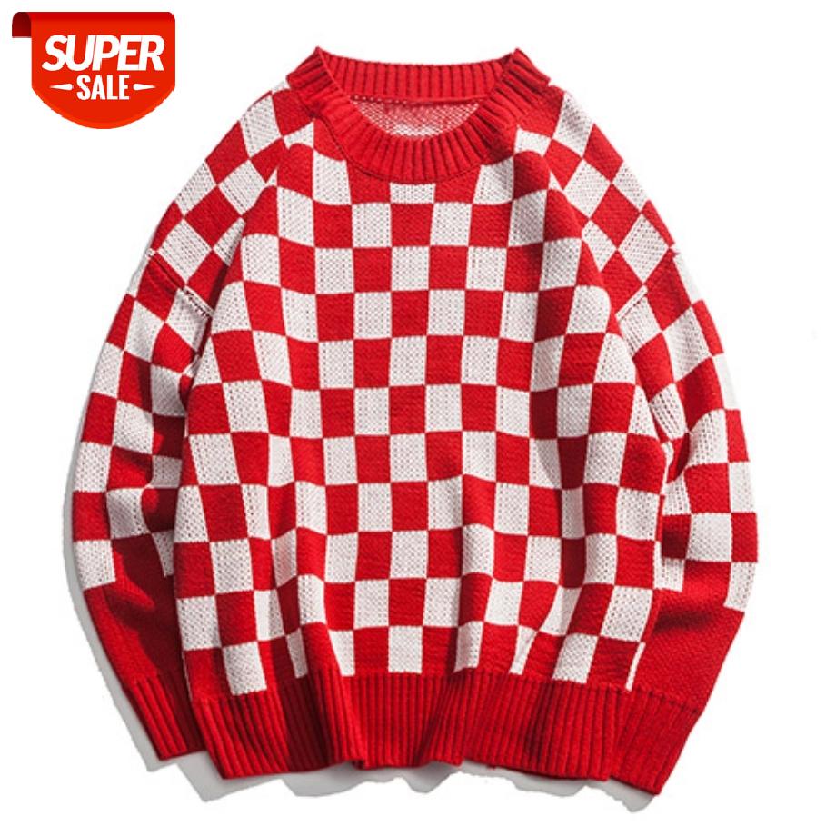 

Loose Plaid Pullovers Knitted Sweaters Men 2020 Autumn Winter O Neck Long Sleeve Casual Sweater Oversize Harajuku Streetwear #jw2C, White;black