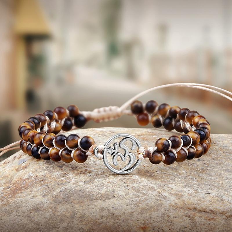 

Beaded, Strands Handmade 4mm Beads Bracelet Tiger Eye Turquises Natural Stone OM Symbol Charm Boho Yoga Wrap Braided Bracelets Men Women Jew