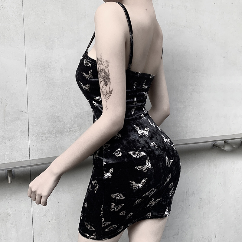 

Bodycon Mini Black Dress Women Spaghetti Straps Sleeveless Backless Butterfly Mmbroidery Summer Female Dress, Black;gray