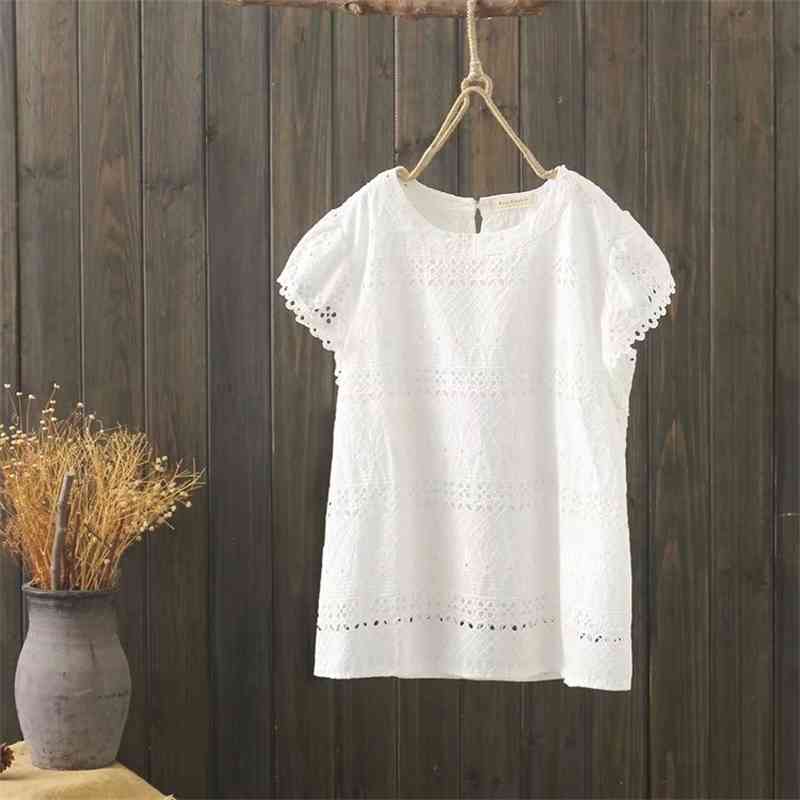 

Summer Hollow Out Short-sleeved Cotton Shirts Pullover Loose Embroidered All Match Blouse Women 210615, White