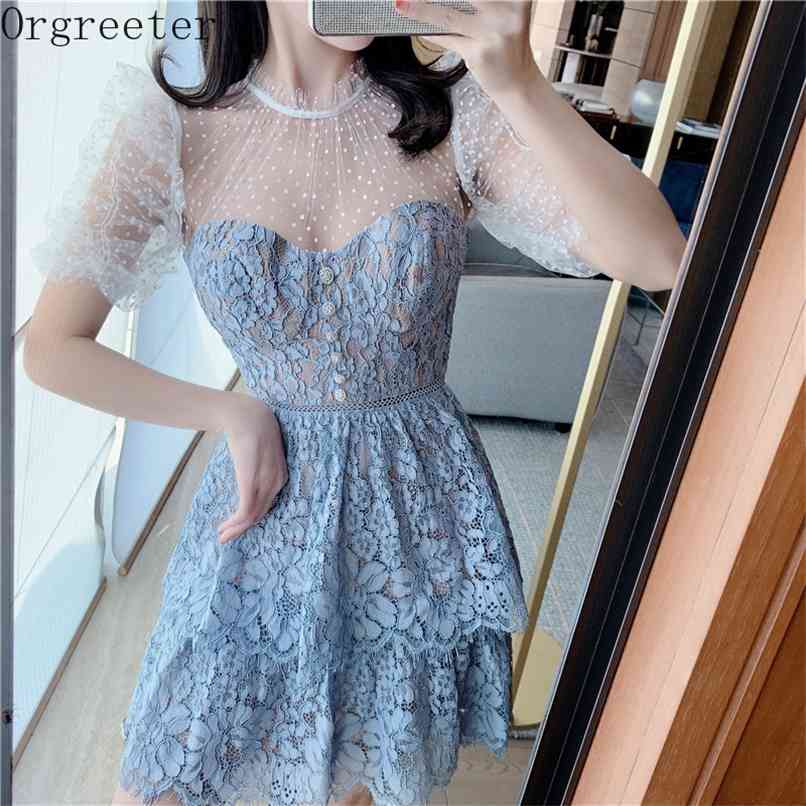 

Classic Mini Lace Dress for Women Party Summer Diamonds Button Dot Mesh Puff sleeve Patchwork Ruffles 210602, Blue