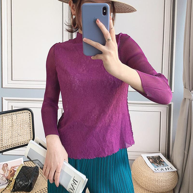 

Women's T-Shirts Fit For 45-75kg Plus Size Clothing Stretch Miyake Pleated Half Turtleneck Long Sleeved Light Tee Tops, Purple