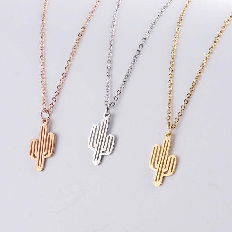 

Pendant Necklaces Fashion Gold Sliver Color Cactus Necklace For Women Girls Aesthetic Stainless Steel Women's Neck Chain Choker Jewelry, Silver