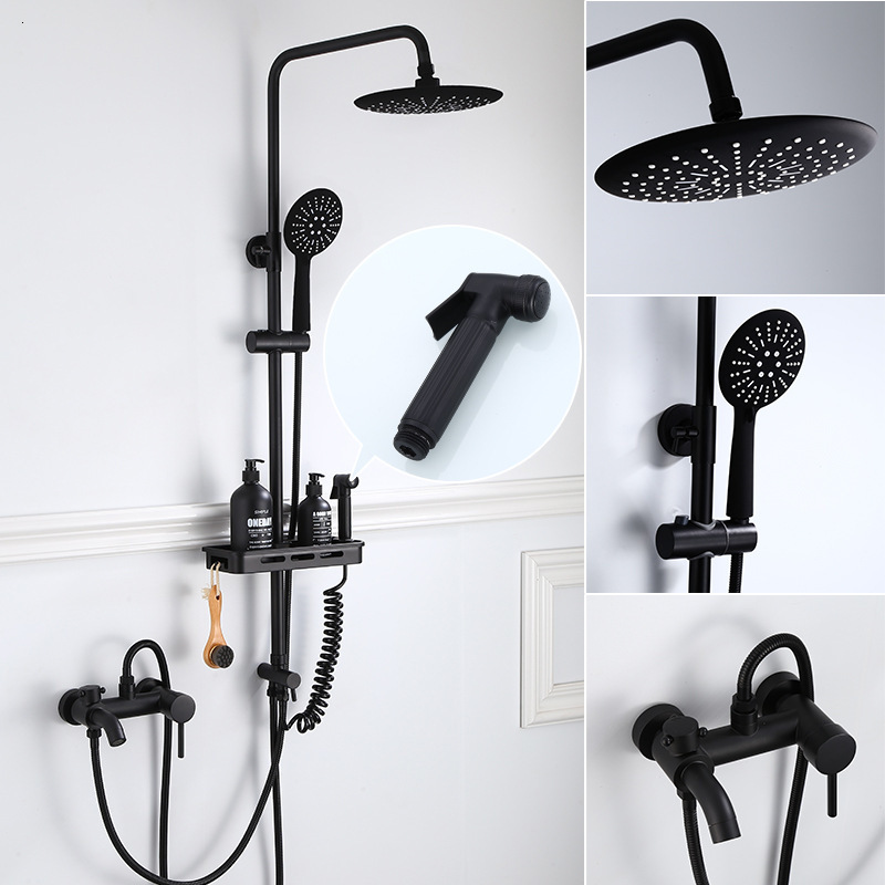 

2021 New Rainfall Sets with Bathroom Shelf Black Mixer Tap Brass Luxury Bath & Shower Set Bathtub Faucet 57fn