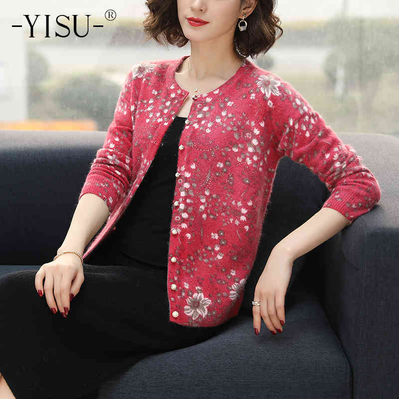

Women's Sweaters YISU Knitted Cardigans Autumn Winter cardigan women long sleeve O neck Printed sweater coat Single Breasted Jacket BC3Q, 1# shoe box