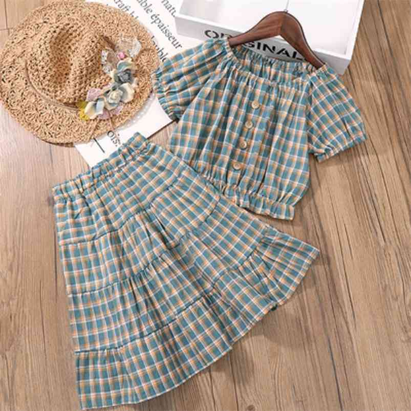 

Arrivals Summer Children Sets Short Sleeve Button T-Shirt Ruched Plaid Skirt Cute 2Pcs Girls Clothes 2-7T 210629, Green