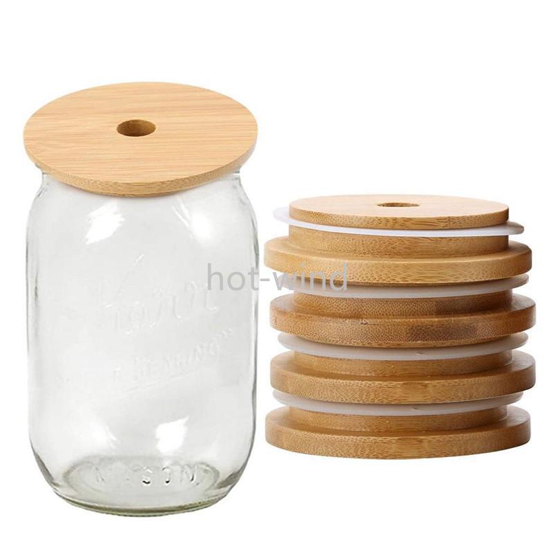 Bamboo Cap Lids 70mm 88mm Reusable Bamboo Mason Jar Lids with Straw Hole and Silicone Seal FY5015 EE