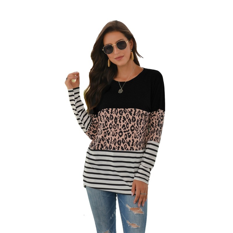 

2021 Cotton O-neck Tshirt Autumn Long Sleeve Leopard Color Block T-shirts Casual Striped Tops Plus Size Shirt Women Kce5, Blue