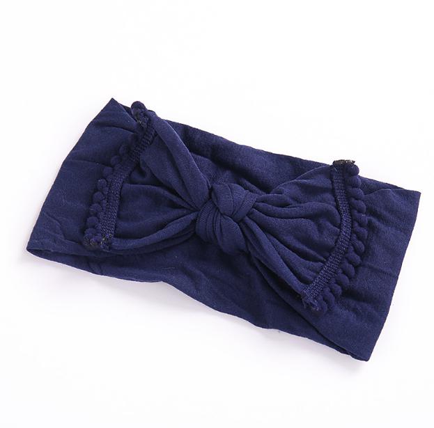 

2021 Nylon Top Knot Bow Head Wraps Soft Nylon Bow Headband with Pompom Trim Big Bow Hair Band For Babys 15pcs/lot, Multi-color