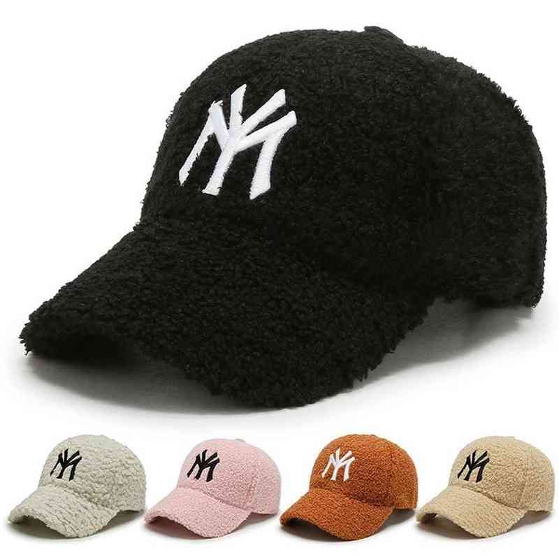 

Thick Winter Baseball Hat MY New York Letters Embroidered Women's Warm Tennis Cap Pompom Wool Caps Lambswool Casual Streetwear G220304, Mesh white