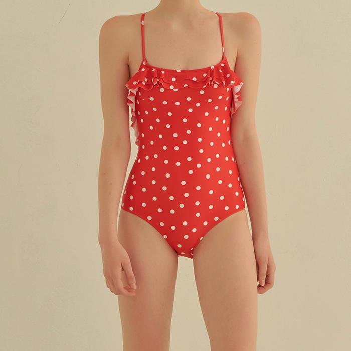 

One-Piece Suits Vintage Red Dot Print Swimsuit Sexy Straps Trikini Monokini Ruffle Push Up Swimwear Bandage Beach Wear Women Swimming Bodysu