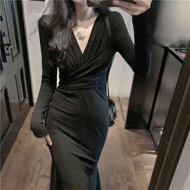 

Solid Sexy Midi Dress Women Office Lady V-neck Design Elegant Dress Casual Evening Party One Piece Dress Korean 2021 Autumn Chic G1223, Black