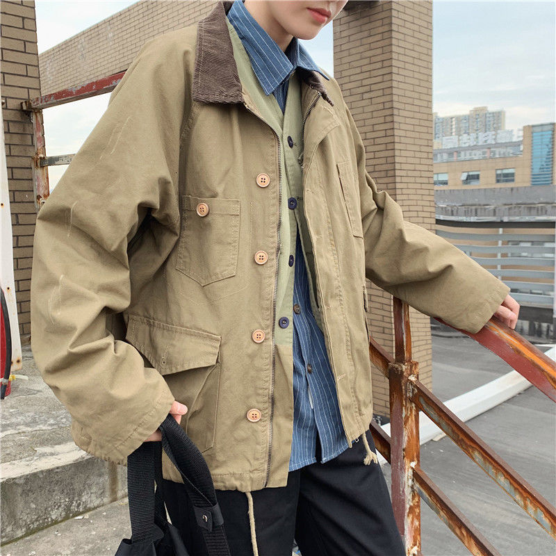 

2021 New Spring Cotton Retro Men's Fashion Hit Color Casual Lapel Jackets Mens Streetwear Korean Loose Hip-hop Bomber Jacket Men Q7n6, Army green