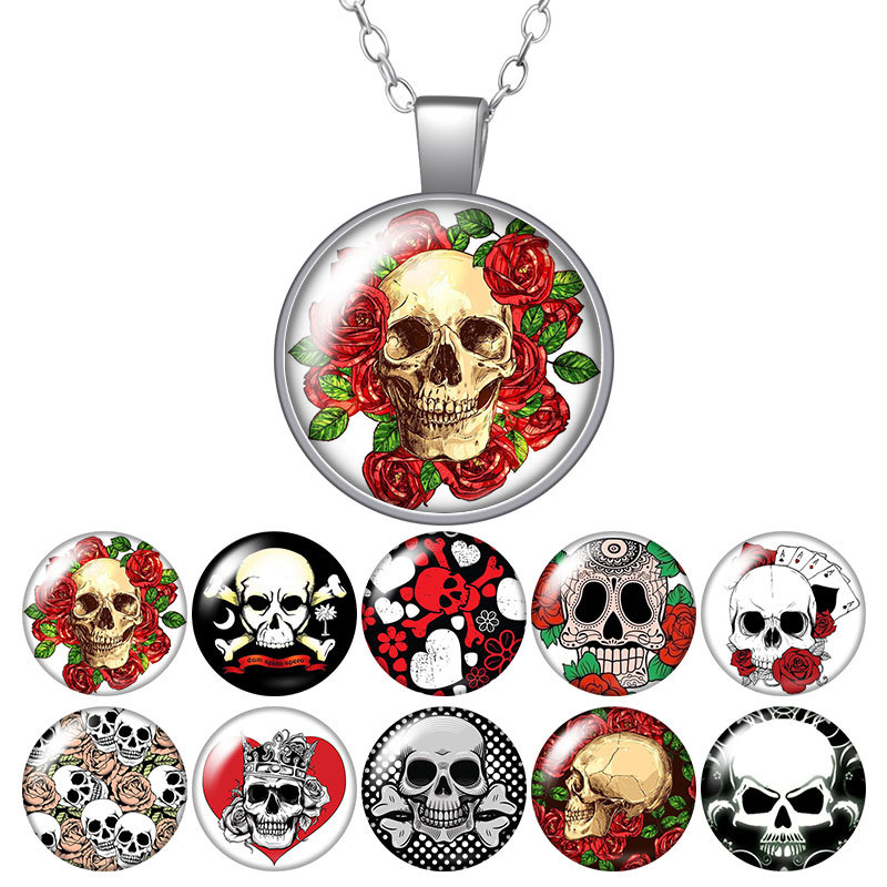 

Rose Skull Punk Round Pendant Necklace 25mm Glass Cabochon Silver Plated Jewelry Women Party Birthday Gift 50cm