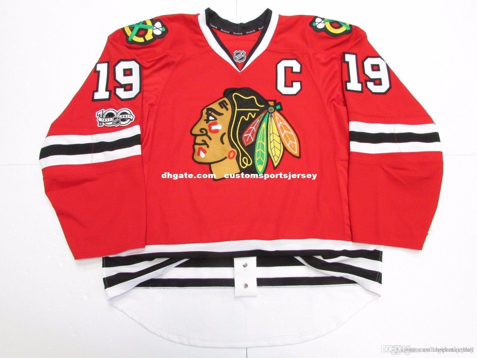 

Cheap custom Jonathan Toews CHICAGO BLACKHAWKS TEAM ISSUED 100th ANNIVERSARY JERSEY stitch add any number any name Mens Hockey Jersey XS, As pic