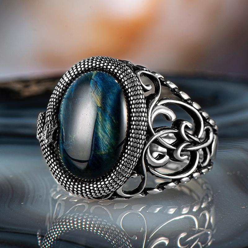 

Cluster Rings Silver Snake Ring Blue Tiger Eye Stone 925 Sterling Made In Turkey