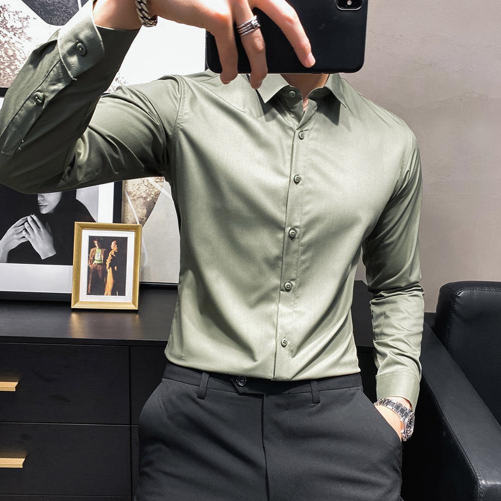 

New Primavera Nova Slida Negcios Formal Usar Manga Longa Camisa Vestido Roupas Masculinas 2021 Simples Fino Ajuste Casual Escritrio Blusas G, Black buttons white