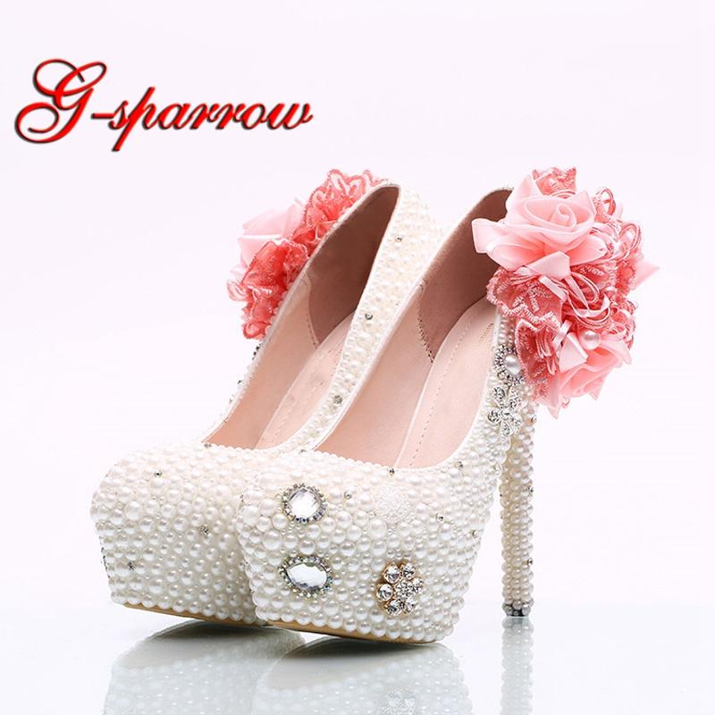 

White Pearl Wedding Shoes with Pink Appliques Bride High Heel Shoes Handicraft Women Party Prom Plus Size 11 and 12, White 8cm heels