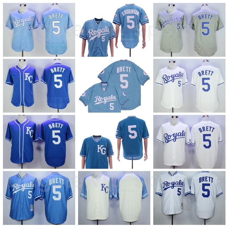 

Men Retro Baseball 5 George Brett Vintage Jersey 1983 1985 1989 Retire Blue White Grey Team All Stitched Pullover Flexbase Cool Base