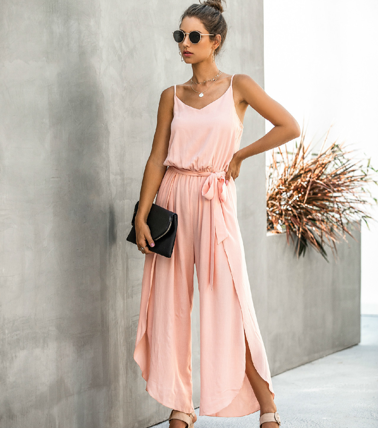 2021 New Sleeveless Summer Strap Jumpsuits Women Playsuit Pink Cotton Rayon Side Split Wide Leg Jumpsuit Beach Casual Romper N44u-image-663912069