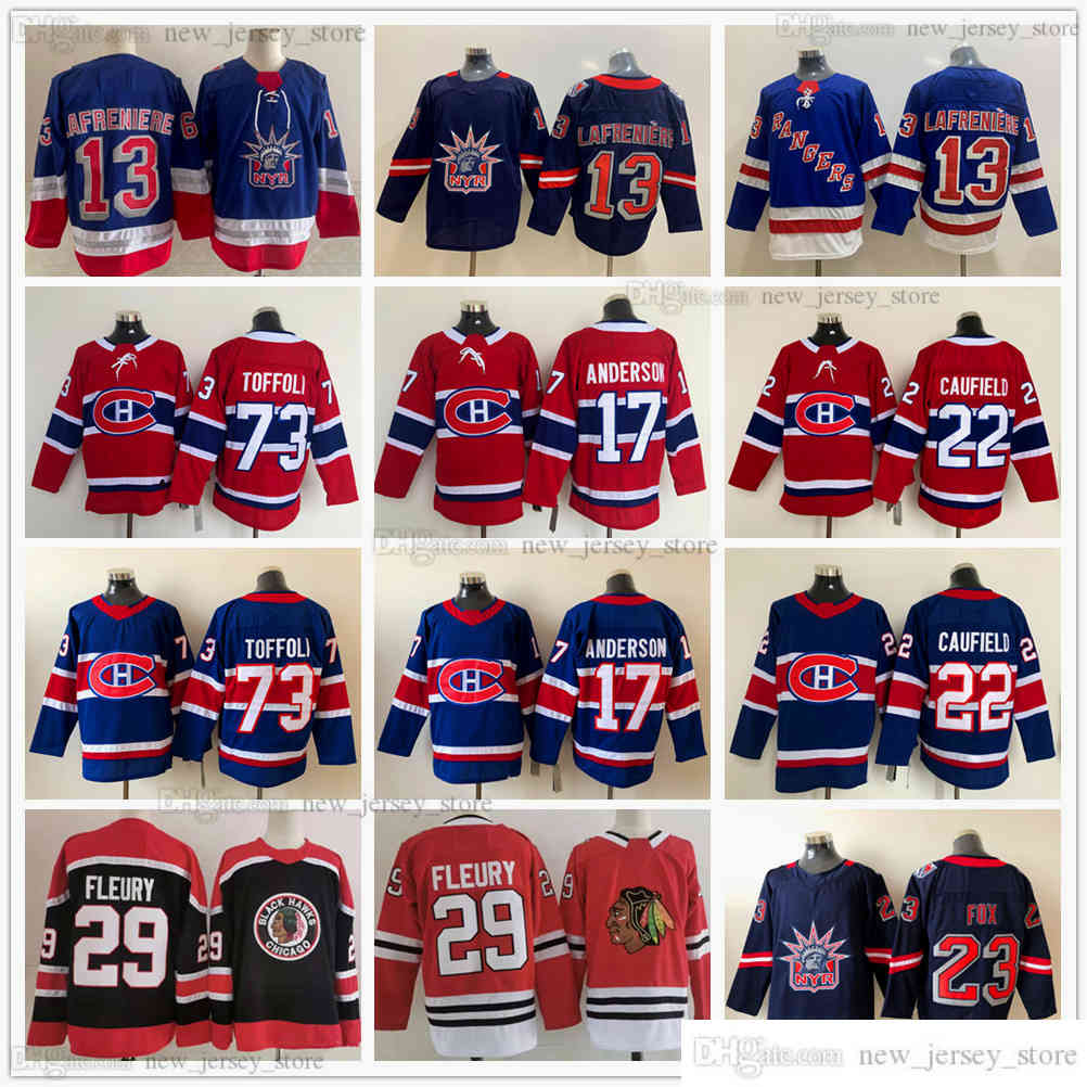 

2021 Black Reverse Retro Ice Hockey 29 Marc-Andre Fleury Jerseys White 13 Alexis Lafreniere 17 Josh Anderson 22 Cole Caufield 73 Tyler Toffoli Jersey Man Red Blue, Same as picture