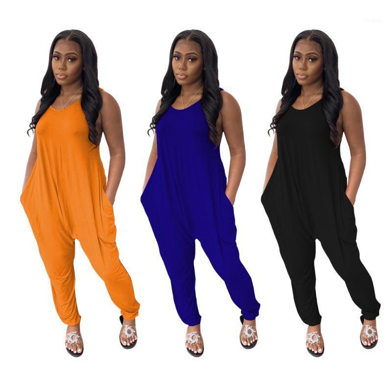 

Women's Jumpsuits & Rompers Loose Casual Overalls Sexy Women V-neck Sleeveless Solid Summer Jumpsuit Romper With Pockets, Black;white