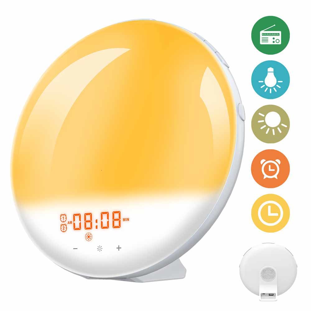

2021 New Waking Up Digital Snooze Night Lamp Clock Rising Sun Colored Light with Nature Sounds Fm 3dkf