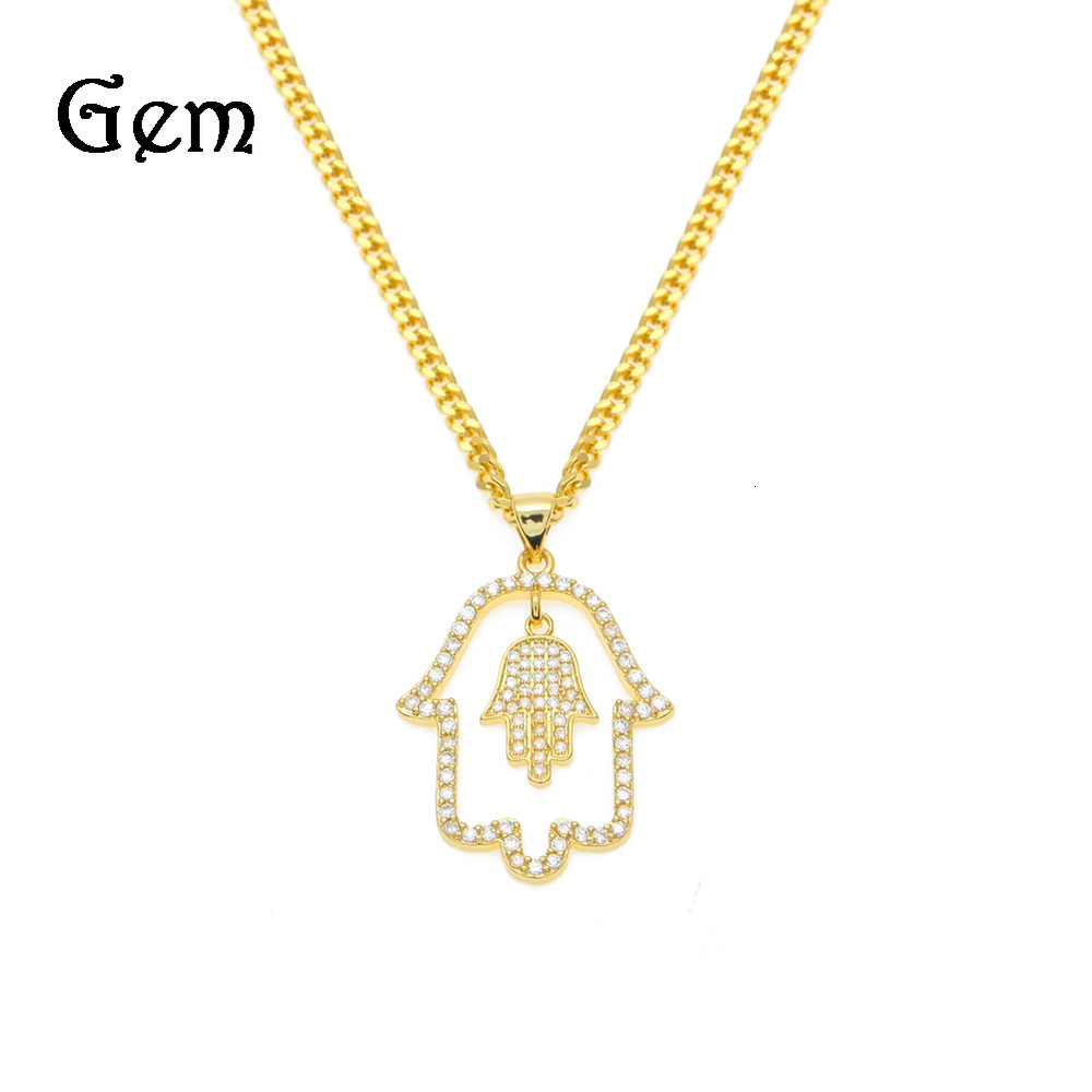 

Jewelry gold plated diamond hand of Fatima round diamond necklace hip hop Pendant