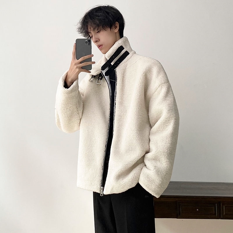 

2021 Pure Color Lamb Wool Men's Winter New Thickening Fashion Men Stand-up Collar Cotton-padded Jacket Casual Coat 2ahm, White