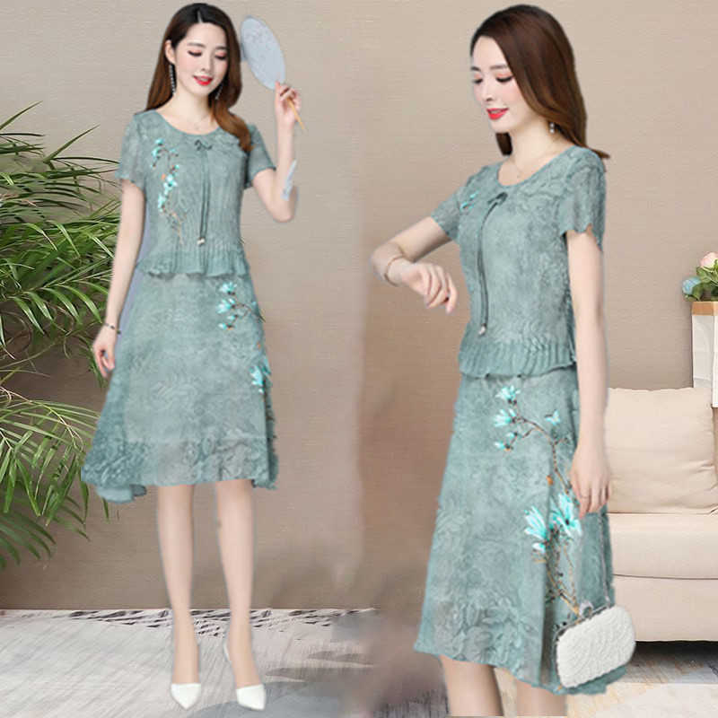 

Korean chiffon female mother summer fake two-piece printed Chinese style knee dress 210603, Light grey