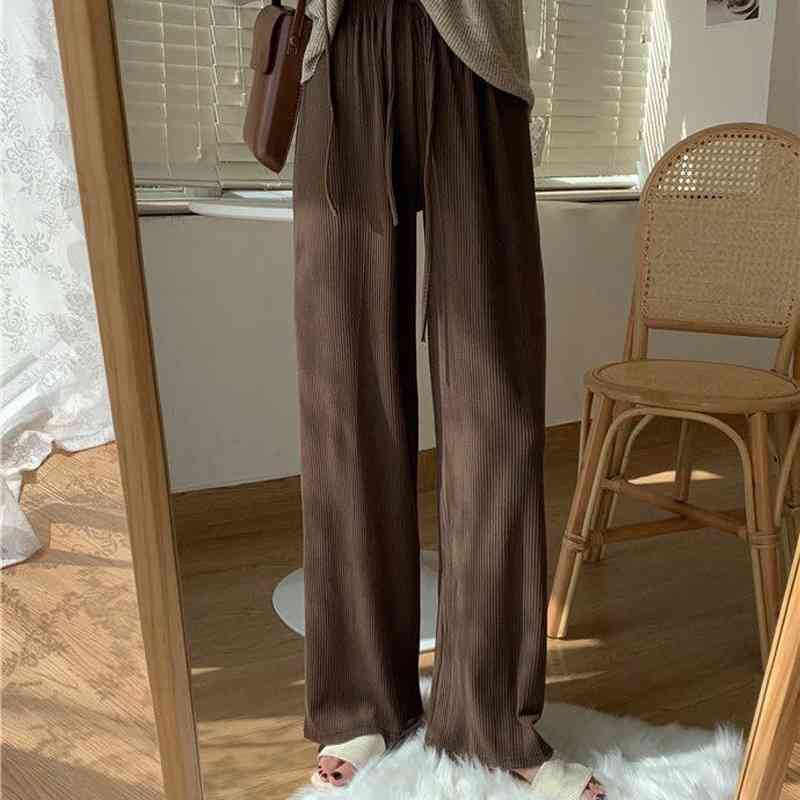 

Autumn Warm Thick Casual Straight Pants Women Winter Female Drawstring Loose Knitted Wide Leg Lace Up Trousers 210603, Pink