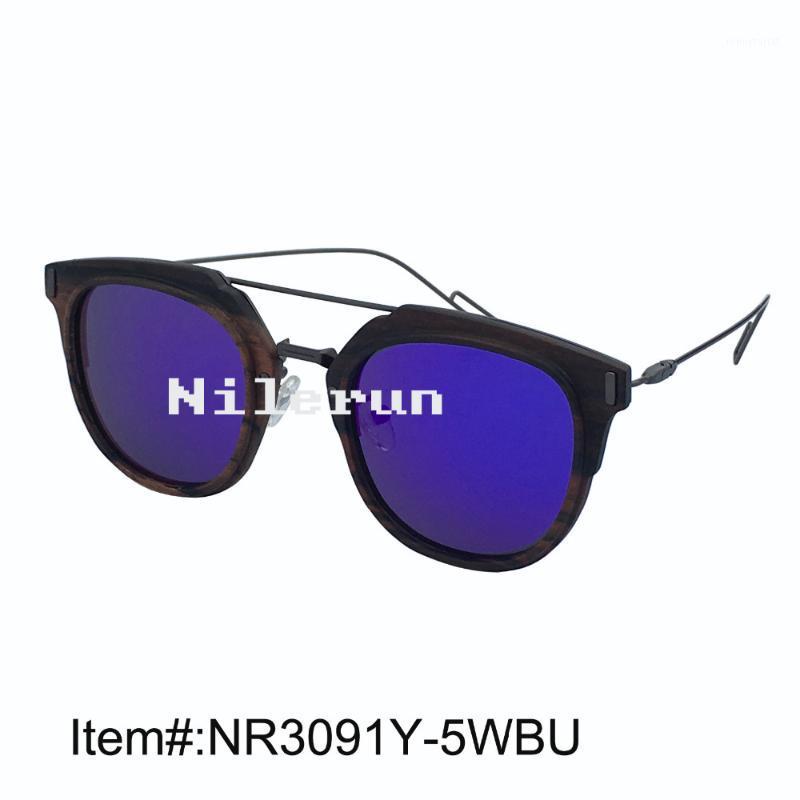 

Sunglasses Brand Magrey Metal Temples And Double Nose Bridges Large Round Blue Lens Black Ebony Wood