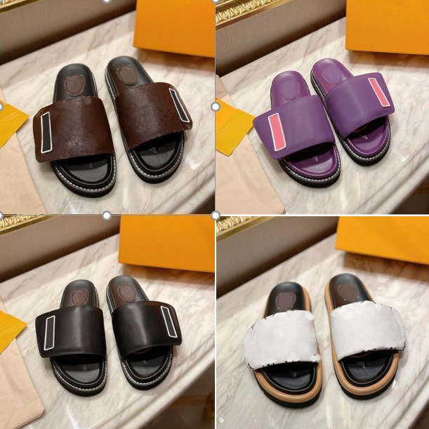 Designer femmes pantoufles piscine OREILLER CONFORT en cuir de veau lisse plat lettre mules à la mode facile à porter impression caoutchouc fond